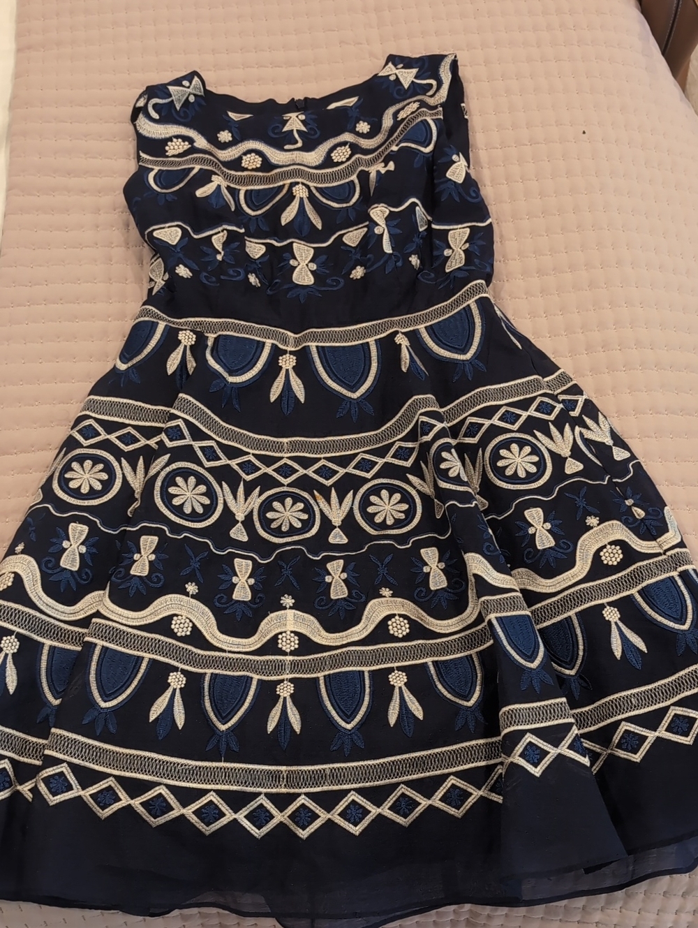 Navy Blue Embroidered Fit-and-Flare Dress